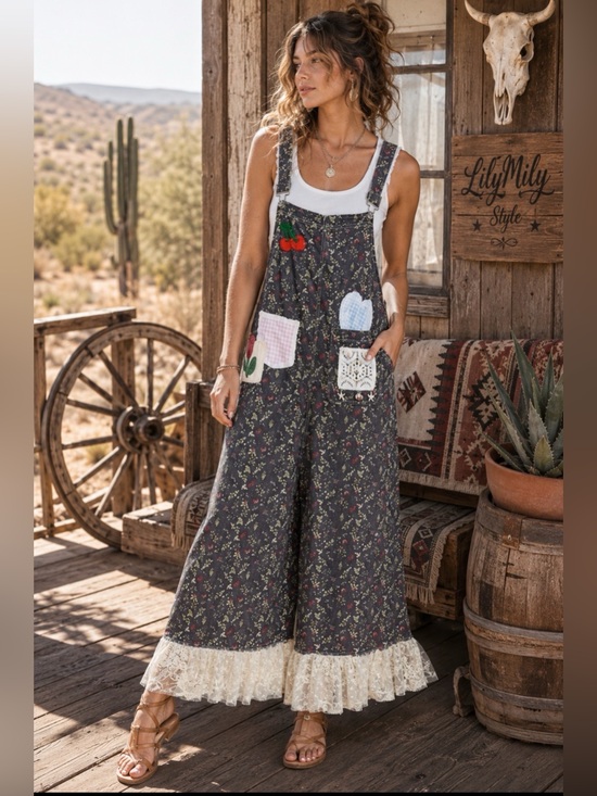 POL Pants - POL Midnight Meadow Patchwork Wide-Leg Overalls